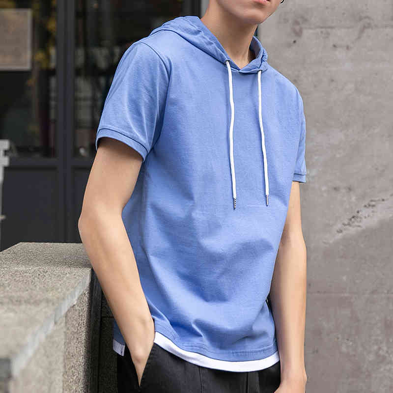 

T-shirt with Hood Summer Hooded Short Sleeve Slim Fit Tops Fashion Streetwear T Shirt Male Casual Men's Cotton T-shirt 210518, Grey green