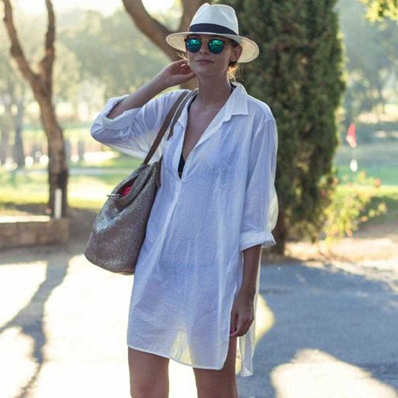 

Summer Beach Cover Up Women Solid Color Shirt Style Bikini Cover Up Loose Casual Blouse Coverup Swimwear#2 X0716, Black;gray