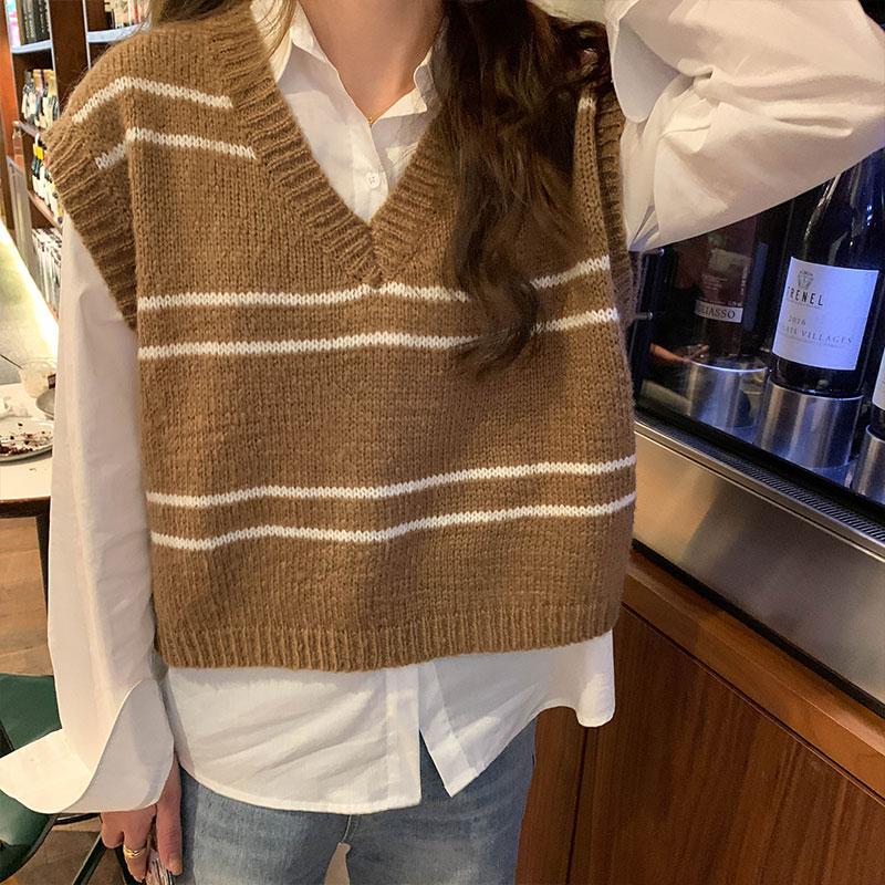 

2 colors pullover vest sweater autumn 2021 womens vest Korean style knitted v neck Stripe knitted sweater vest womens(X1673), White;black