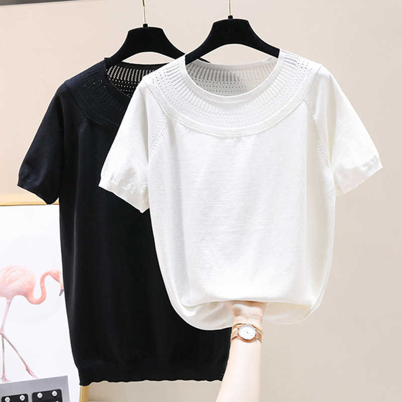 

casual basic Summer thin Sweater Women short sleeve o-neck Soft Knit sweater Pullovers solid female Jumper top plus size 4xL 210604, Black