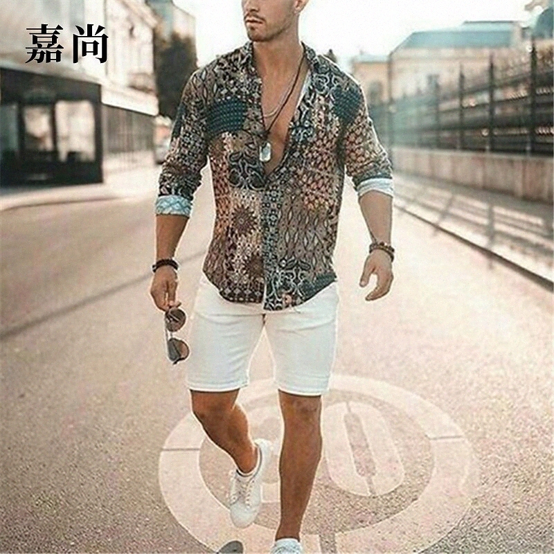 T-shirt pour homme Autres impressions Bouton géométrique Collier Daily Imprimer Daily Manches Housses à manches longues Khaki O9BG #