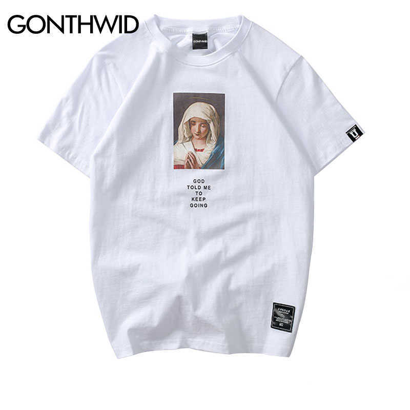 

GONTHWID Men's Virgin Mary Printed Short Sleeve T Shirts Summer Casual Cotton Hip Hopo Tops Tees Fashion Streetwear Tshirts 210629, White