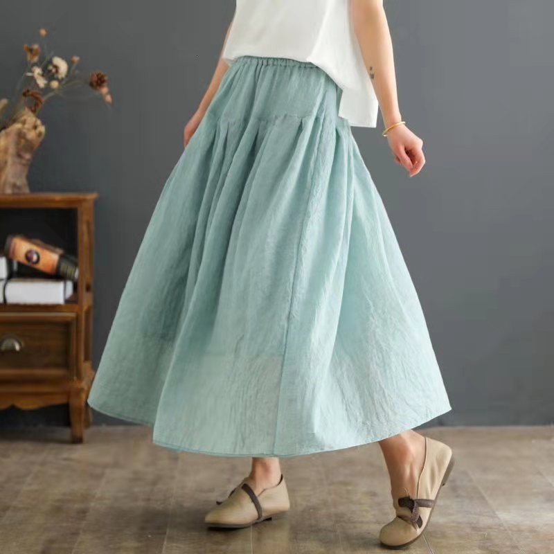 

Skirts Arrival Summer Korean Style Women Loose Casual High Waist A-line Skirt Cotton Linen Elastic Mid-calf W309 8CCB, Beige