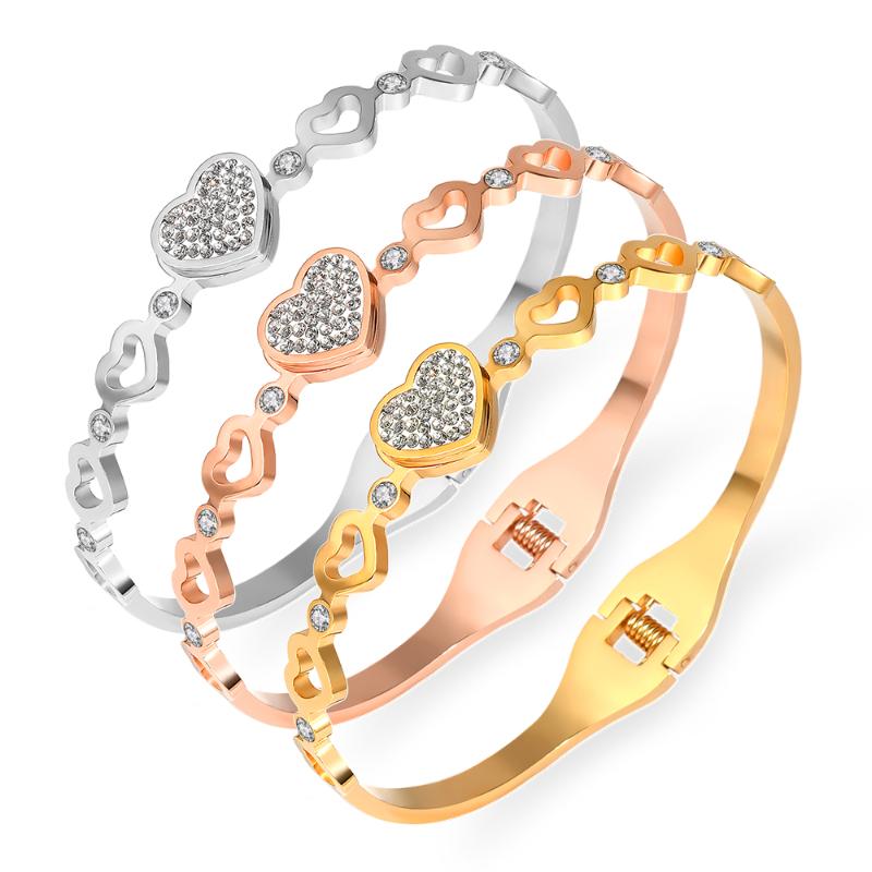 

Bangle 2021 Fashion Stainless Steel Lover Heart With Clay Rhinestone Bangles 4 Hollow Hearts Bracelets For Women Jewelry