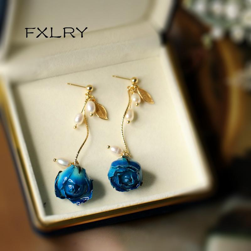 Dangle & Chandelier FXLRY Handmade Natural Pearl Perserved Blue Rose Flower Vintage Earrings For Women Jewelry-image-703109784