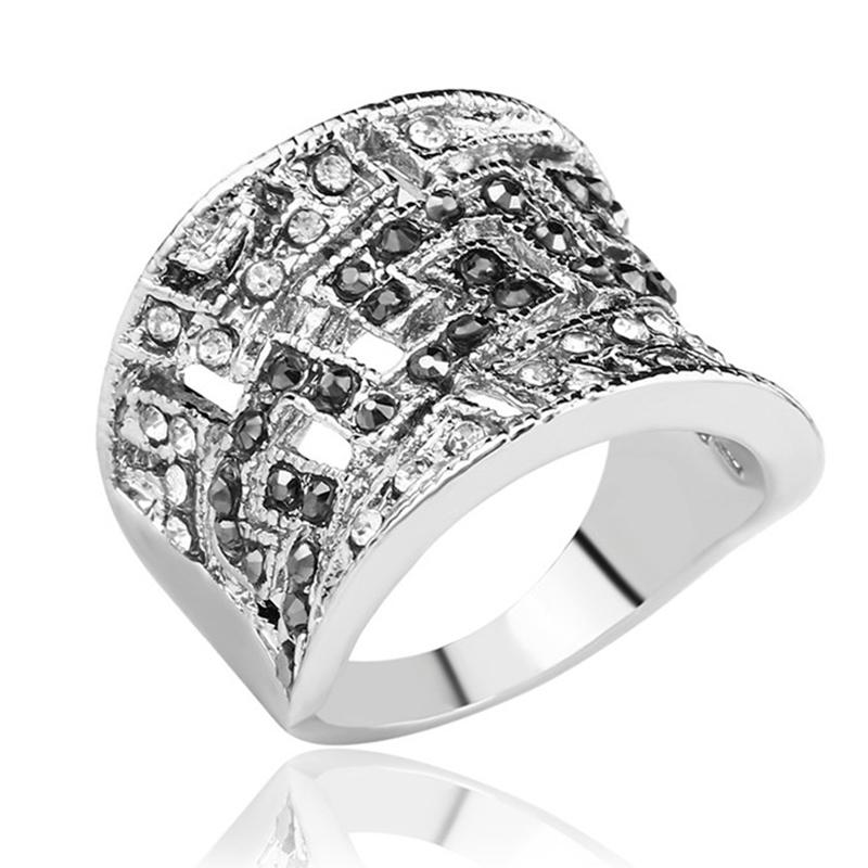

Cluster Rings Trendy Wedding Ancient Silver Hollow Mosaic Crystal Ring For Women Party Friend Gift Argollas De Matrimonio, Golden;silver