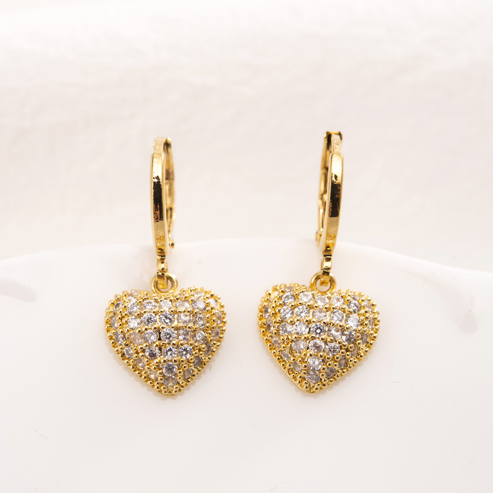 Elegant Heart Dangle 18 KT THAI BAHT Fine Solid Gold Diamond Drop Earring Chandelier Korean Style Full Earrings Women Luxurious Jewelry-image-699299768