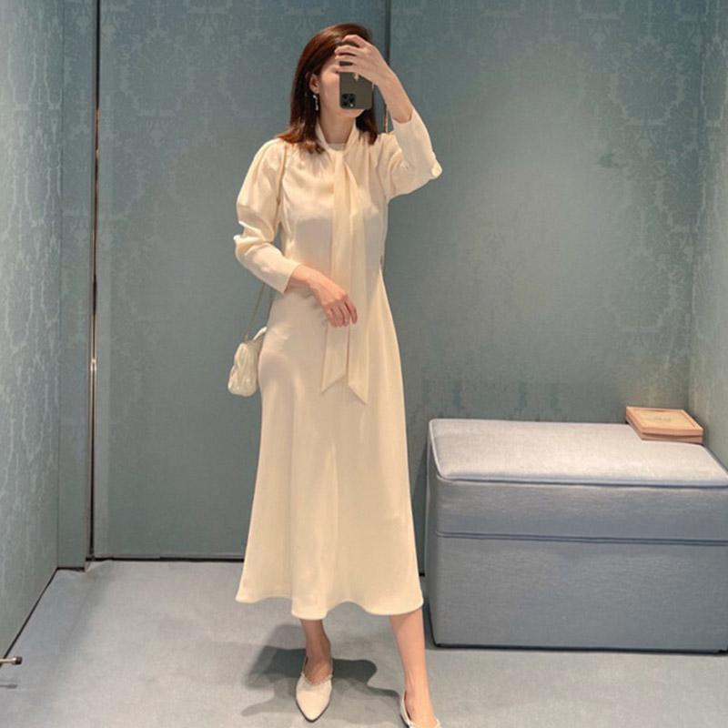 

Casual Dresses Office Ladies Elegant Midi Dress Women Designer 2021 Early Autumn Sash Bow Collar Chiffon A Line Vestidos Mujer, Apricot