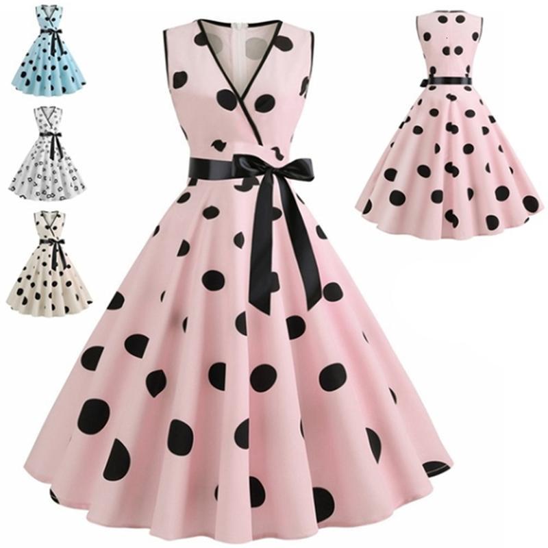 

Casual Dresses Polka Dot Print Vintage Women Summer Dress Pink Sleeveless V Neck Elegant Party Plus Size Robe Midi HIZO, White