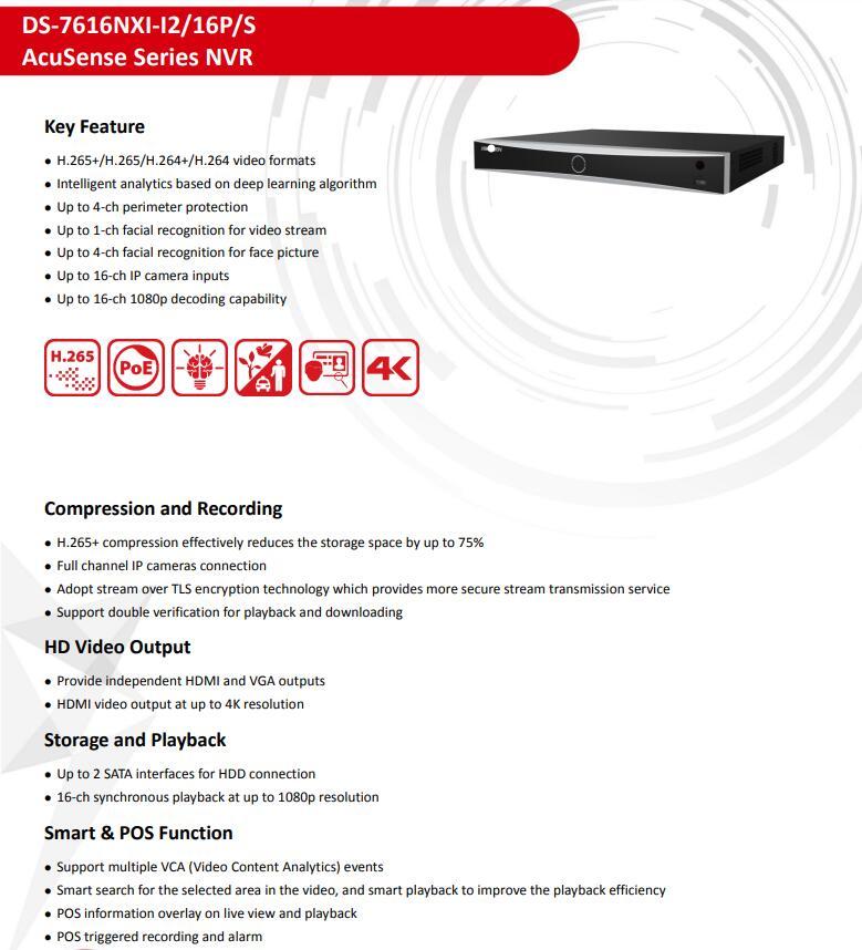 

DS-7608NXI-I2/8P/S DS-7616NXI-I2/16P/S H.265+ Hik 8CH 16CH Acusense NVR POE Facial Recognition POS Intelligent Analytics Kits, Black;white