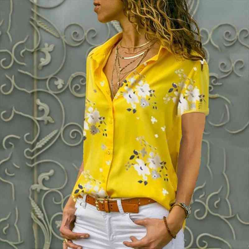 

women blouses summer elegant short sleeve print v-neck chiffon blouse female work shirts plus size 5xl blusas, White