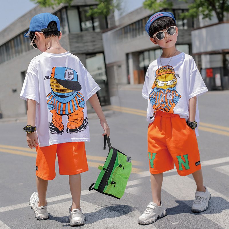 

Cartoon garfield Baby Boys Clothes Summer Suit Tees Shorts Pants Loose T-shirt Two-pieces Set 5 6 8 9 10 11 12 13 Years Boy Kids, Green