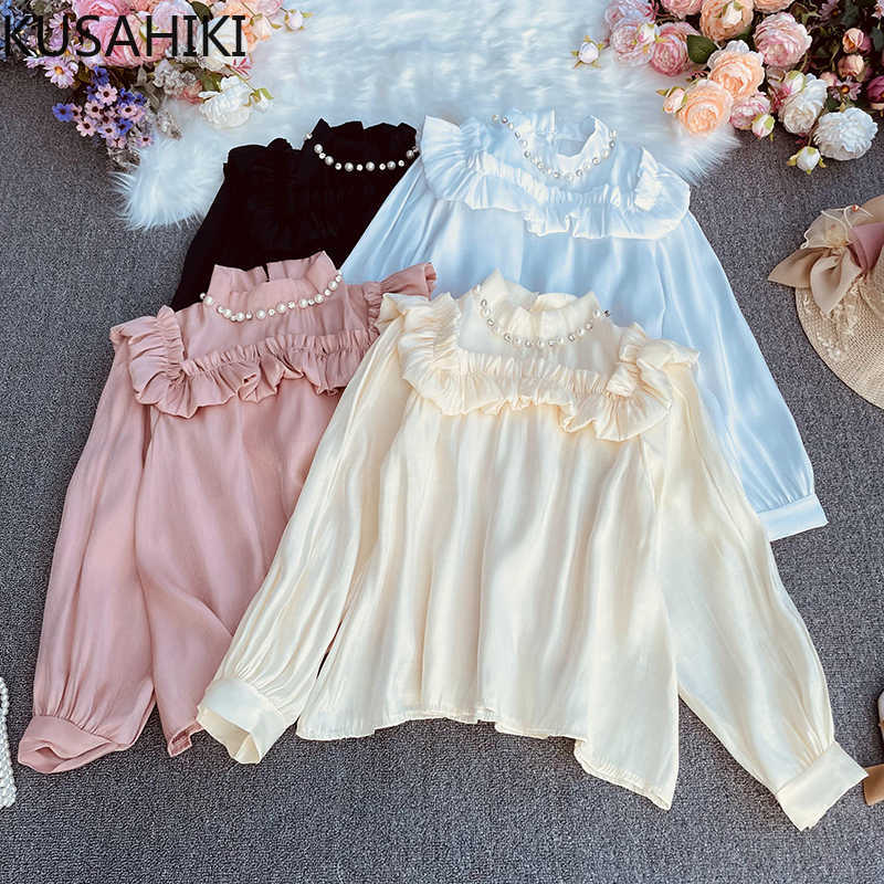 

Korean Sweet Beads Stand Neck Shirt Ruffle Patchwork Long Sleeve Women Blouse Spring Causal Blusas 6E994 210603, White