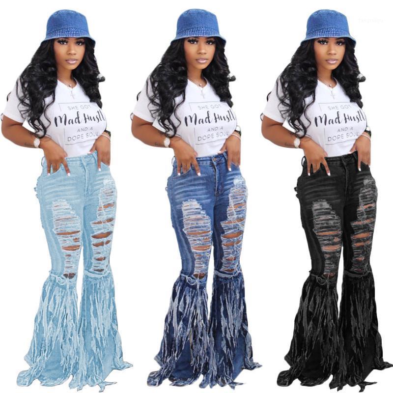 

Women's Jeans Fashion Hole Hollow Out Denim Pants Women Retro Solid Sexy Ripped Flare Trousers Street Skinny High Waist Lady, Blue