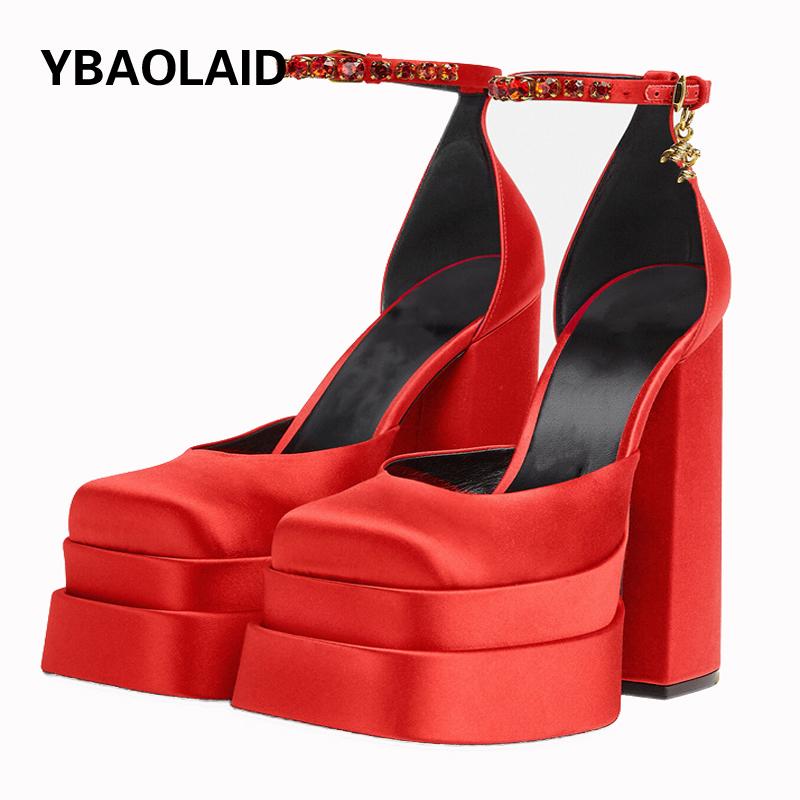 

Sandals Sheepskin Rhinestone Square Toe Platform Super High Heel 2021 Spring And Autumn Satin Ladies Sexy Pumps Shoes, Rosy red