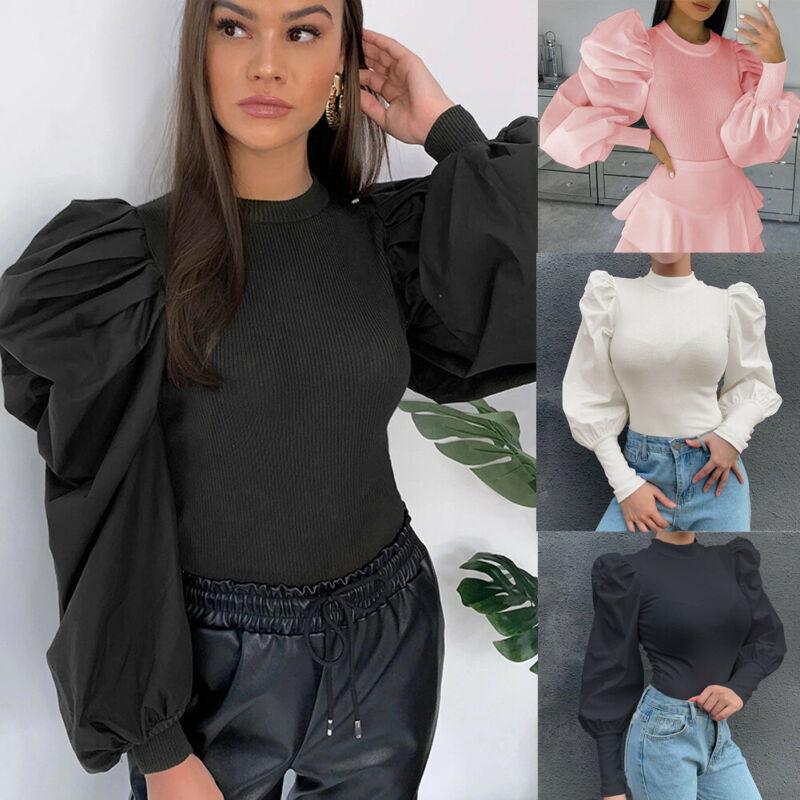 

Women's Blouses & Shirts Fahsion Casual Vintage Women Ladies Puff Mesh Long Sleeve Tops Solid Pullover Sweater Blouse Loose Jumper Round Nec, White