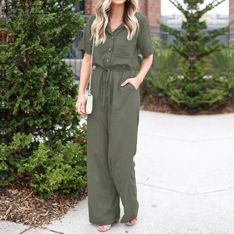 

ZANZEA Elegant Rompers Women Jumpsuits Summer Wide Leg Overalls Drawstring Elastic Waist Short Sleeve Solid Dungarees Streetwear, Wine red