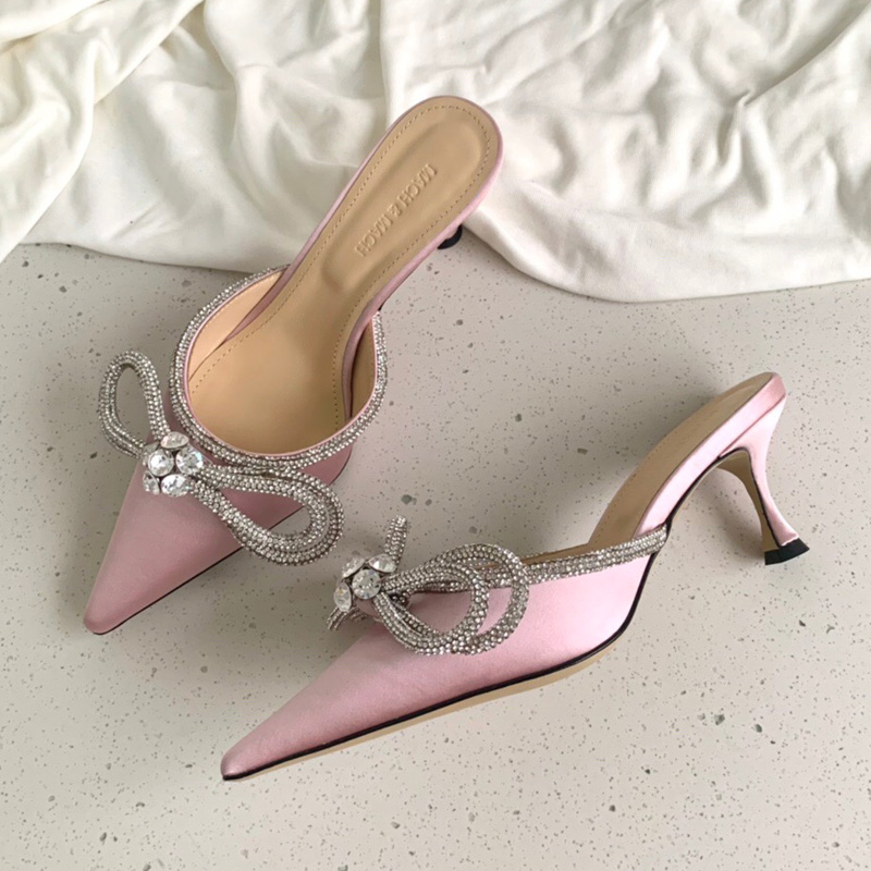 

luxurious Designers Dress shoe Evening Slingback Satin Bow Pumps 6.5cm Crystal-Embellishments rhinestone shoes spool Heels sandals for, Pink slipper