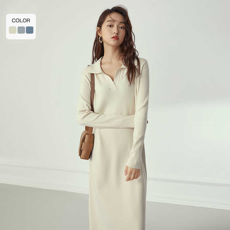 

FANSILANEN Polo casual long knitted sweater dress Women autumn winter white elegant Female sleeve loose blue 210607, Beige
