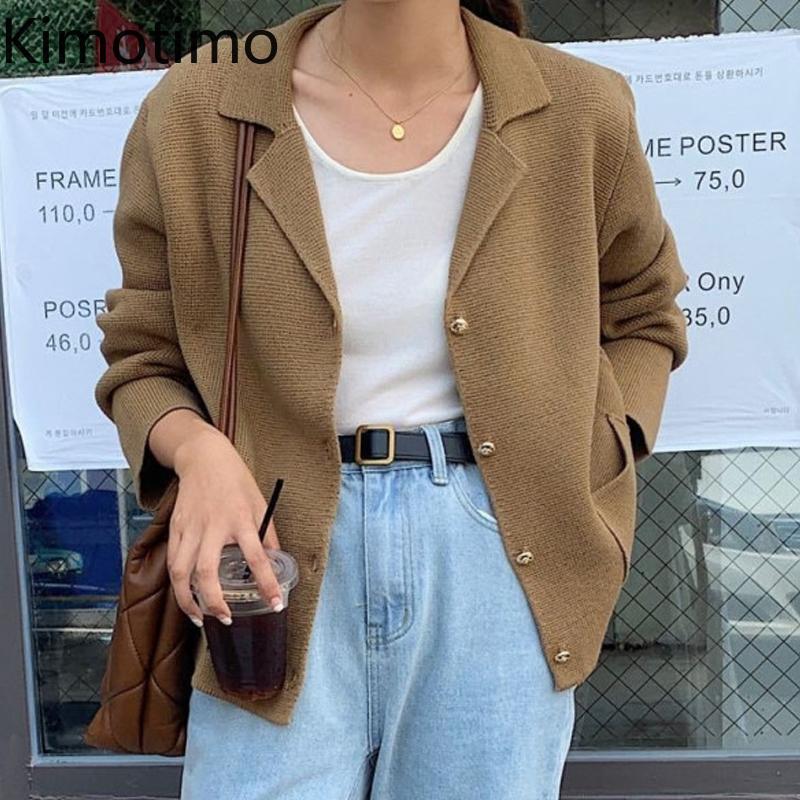 

Women's Knits & Tees Kimotimo Cardigan Women Korean Ins Vintage Notched Collar Metal Button Jacket Autumn Winter Simplicity Long Sleeve Swea, White