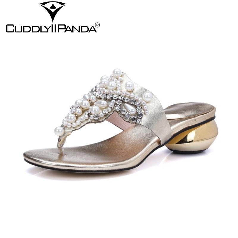 

Slippers CuddlyIIPanda 2021 Luxury Design Crystal Pearl Women Flip Flops Summer Cool Golden Genuine Leather Sandalias Mujer, Black