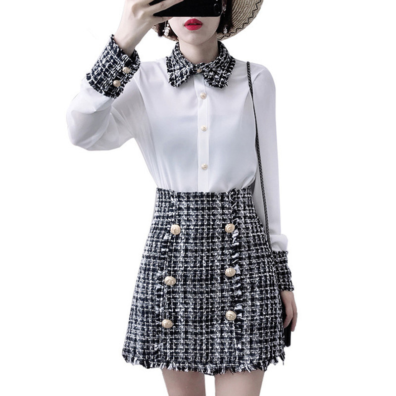

High Quality Dress Set Fashion Elegant Women Tweed Tassels Splice Chiffon Shirt Top+Gold Double-Breasted Woolen Mini Skirt Suit 210525, Picture color