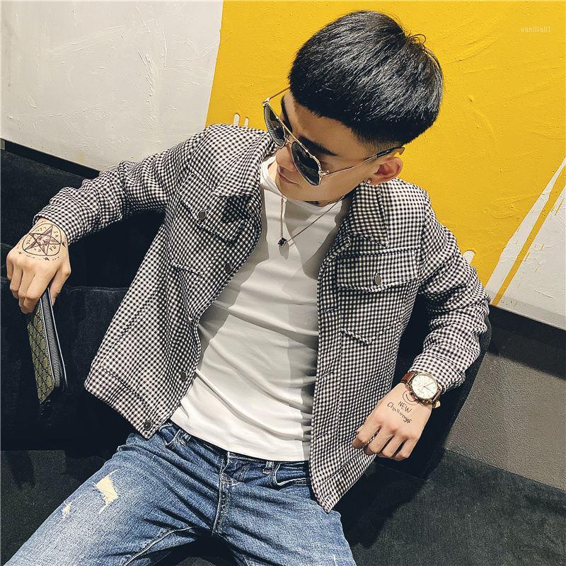 

Men' Jackets 2021 Spring And Autumn Social Spirit Guy Houndstooth Tooling Jacket Male Korean Version Trend Net Red Tide Brand, Gray