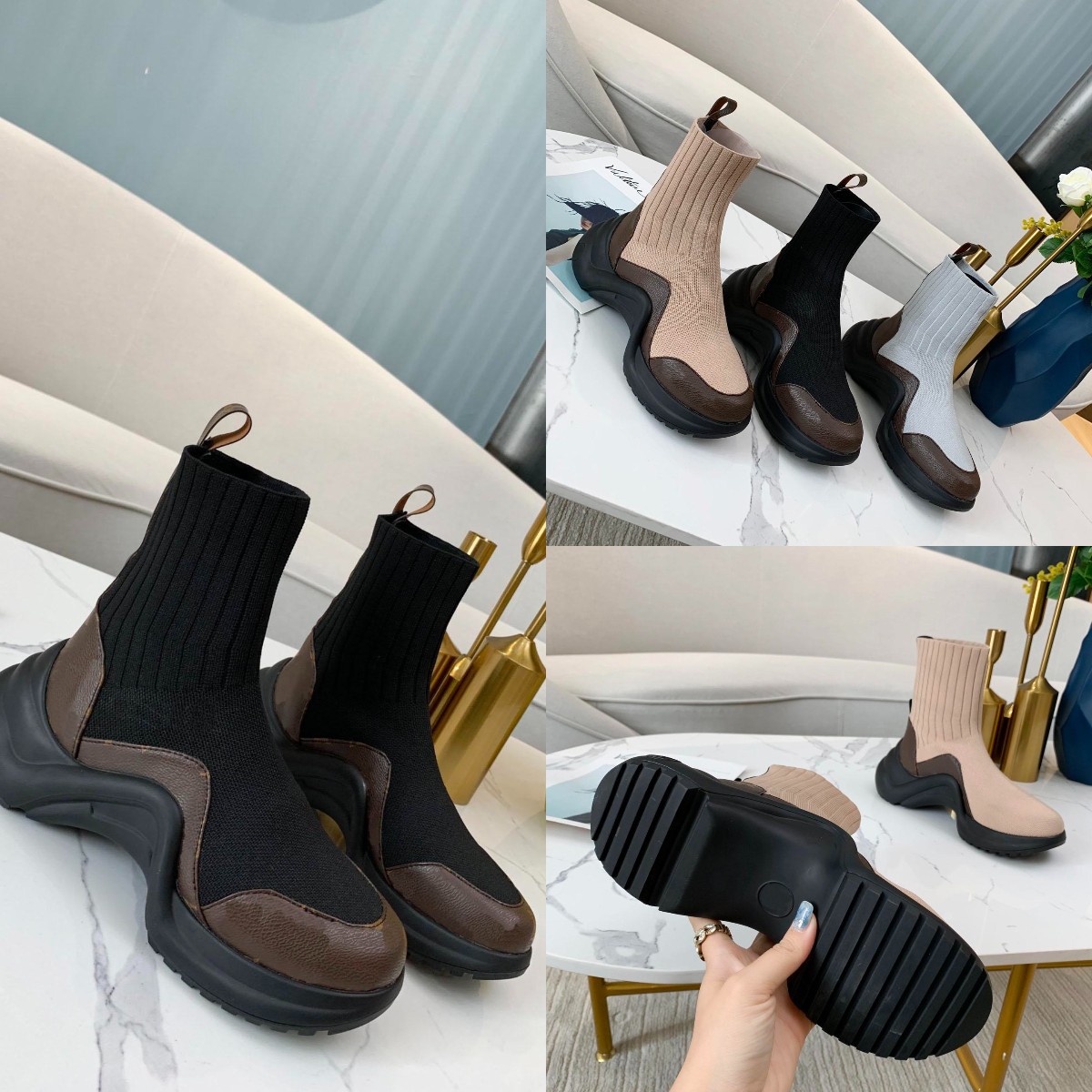 

With Box Top Quality Parisian Men And Women Casual Shoes Speed Trainers Knit Socks White Black Khaki Watermark Sneakers Shoe Size 35-41