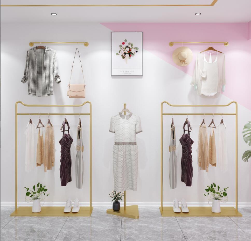 

Clothing display racks Commercial Furniture hanger floor mounted combined clothes store rack cloth shelf gold