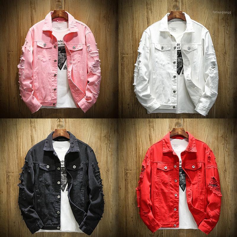 

Men's Jackets Black White Pink Red Distressed Ripped Hole Denim Jeans Jacket Men Plus Size 4XL 5XL, Beige