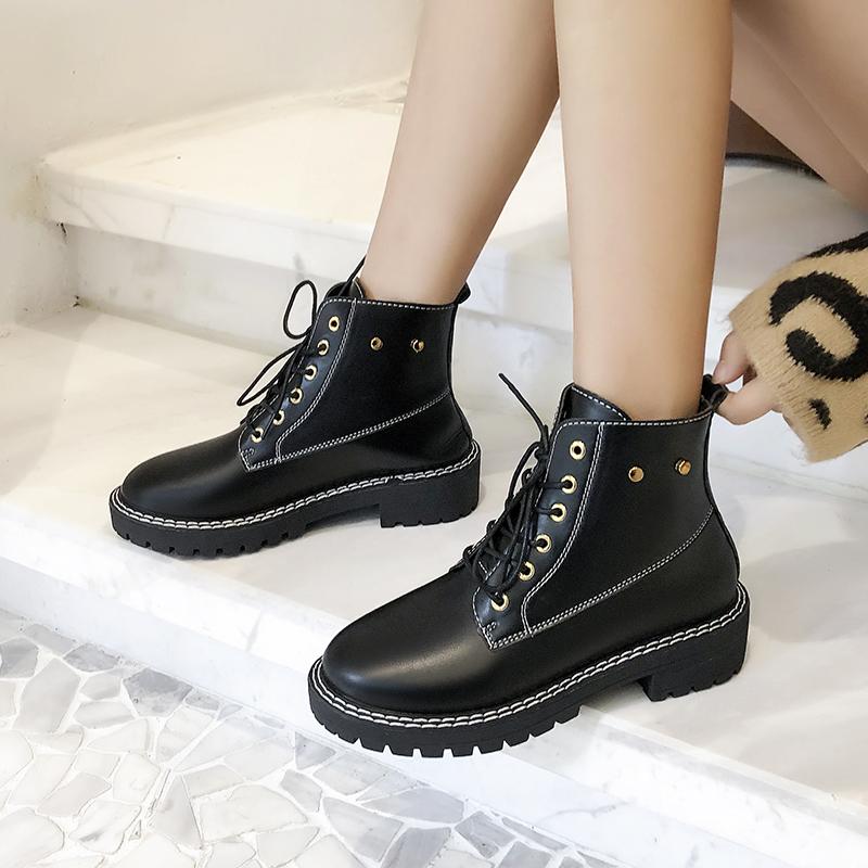 

Solid Black Patent Leather Boots Fashion Ankle Women Shoes Woman Winter Round Toe Lace Up Casual Plus Size