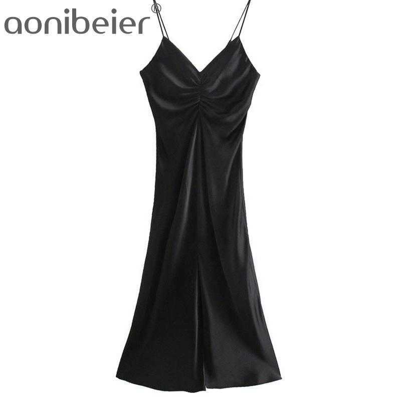 

Black Satin Dress Summer Sleeveless V Neck Spaghetti Strap Long Ruched Detail Women Mid-calf Pencil 210604
