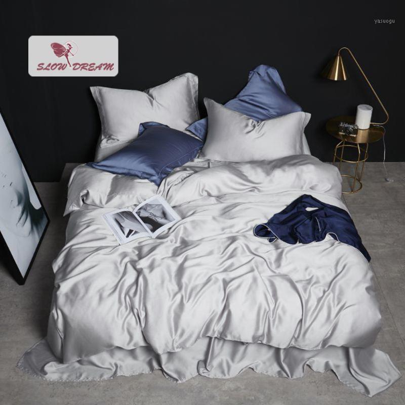 

Bedding Sets SlowDream Women Beauty 100% Silk Gray Set For Skin Care High Quality Duvet Cover Pillwocase  King Flat Sheet, 005