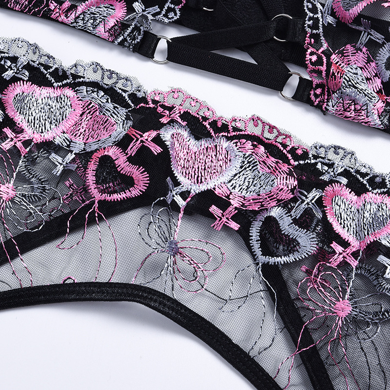 

3 Piece Bra Set Women Embrodiery Transparent Bra + Fora Panty Heart Pattern Sexy ingerie Set, Black