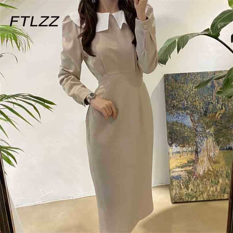

Women Office Dress Spring Autmn Slim French Peter Pan Collar Bodycon Dresses Ladies Business Midi Robe Vestidos Mujer 210525, Apricot