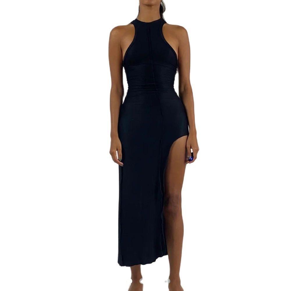 

womens dresses arrival black sleeveless vestidos high waist elegant side slit women party bodycon dress beach clothes, Black;gray