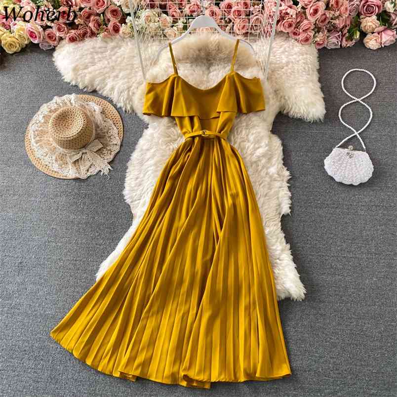 

Summer Dress Party Beach Style Off Shoulder Vestidos Elegant Robe Sexy Vinatge Spaghetti Strap Pleated Dresses Women 210519, Claret