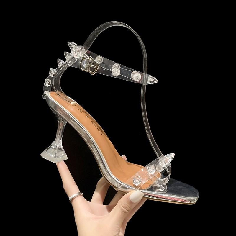 

Dress Shoes Women Summer Fashion Women's Sandals 2021 Transparent Crystal Sexy Thin Heels Banquet Buckle Strap, Black