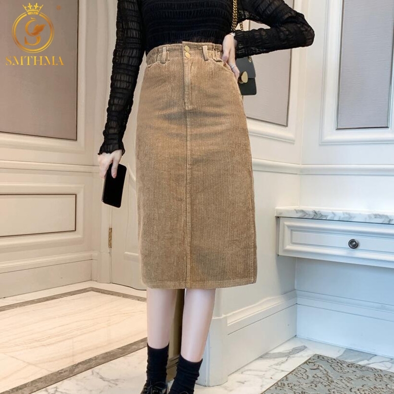 

Fashion Streetwear Corduroy Women' Skirts Autumn Winter High Waist Split Mujer Faldas 210520, Photo color