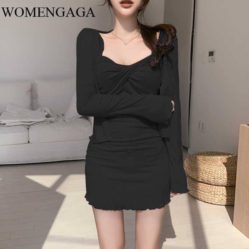 

WOMENGAGA Romantic Ruffle Long Sleeve Cardigan Two-piece Women' Korean Slim Sling Mini Sexy Dress For Women SSGY 210603, Black