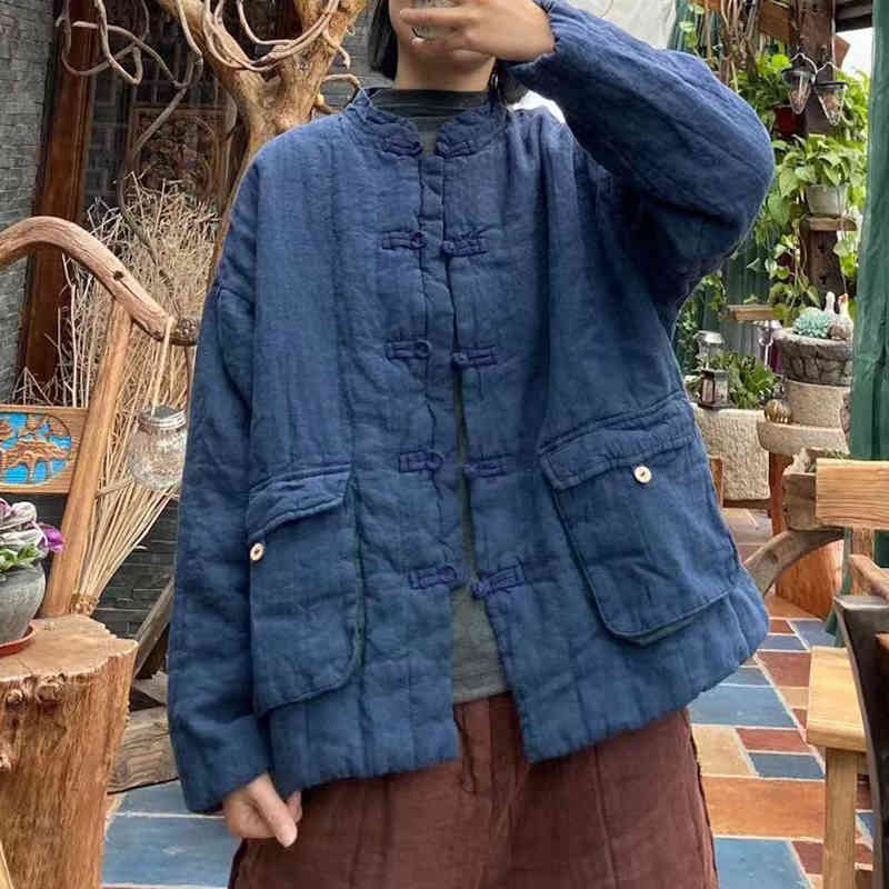 

Johnature Women Warm Cotton Linen Vintage Gray Blue Parkas O-Neck Spring Loose Retro Women Parkas 210521