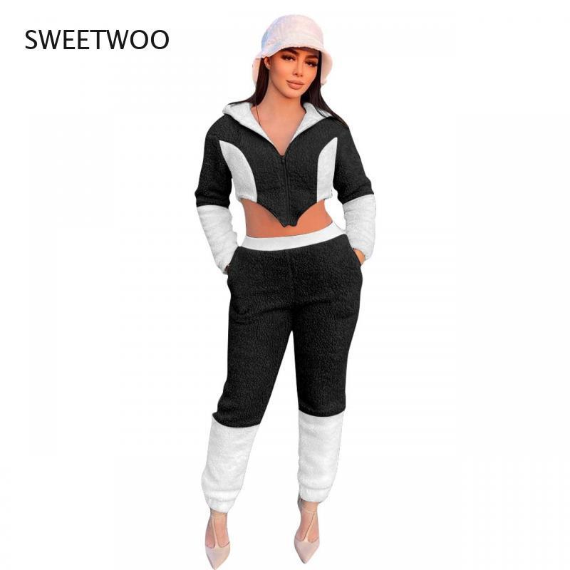 

Women's Two Piece Pants Autumn And Winter Ladies Suit Fashion Teddy Cashmere Color Matching Hooded Two-Piece, White