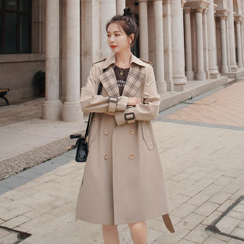 

Women's Trench Coats Fashion England Style Women Coat Double-Breasted Long Duster Plaid Patchwork Outerwear Spring Autumn Windbreaker, Tan;black