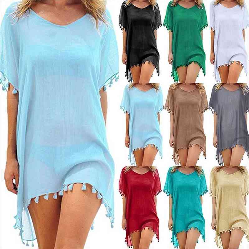 

women tassel dress summer chiffon cover ups beach wear ladies loose blouse shirt swimsuit bathing suits mini dress, White;black