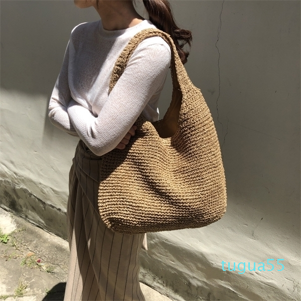 

Fashion Rattan Women Shoulder Woven Female Handbags Large Capacity Summer Beach Straw Bags, Beige