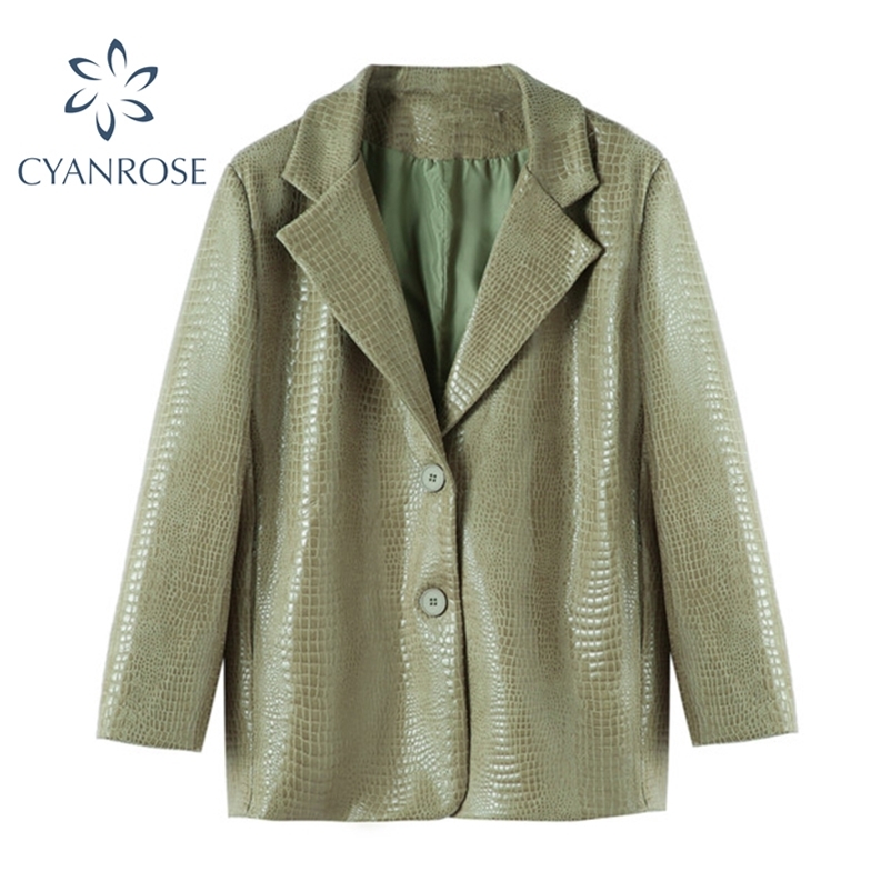 

Women PU Faux Crocodile Leather Blazer Coat Fashion Streetwear Green Jacket Harajuku Retro Button Notched Collar Outwear 210430, Army green
