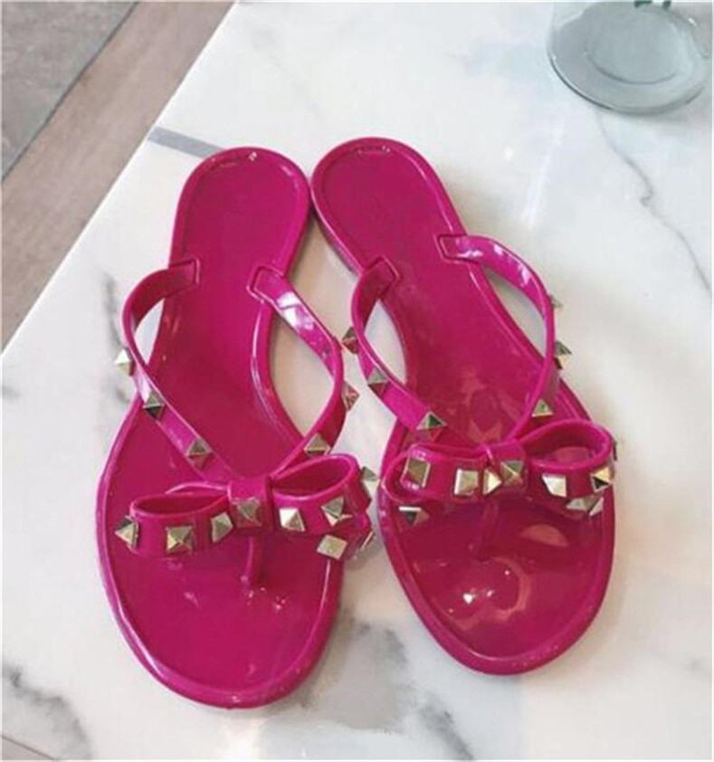 

fashion Woman Summer Sandals Rivets big bowknot Flip Flops Beach Sandalias Femininas Flat Jelly Designer Sandals wholesale, S2