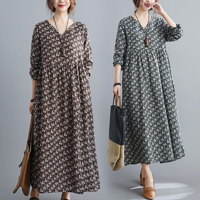 

Style Cotton And Linen Dress Long Sleeve Big Pocket Autumn 2021 Floral Retro Waist V-neck Casual Dresses, Black;gray