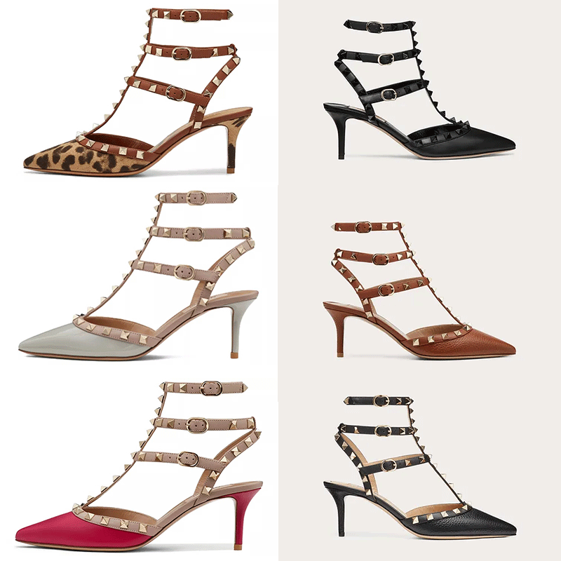 

High Heels Sandals Women shoes Genuine Leather Slingback Pumps Ladies Sexy Fashion Rivets with box o5hx#, Black