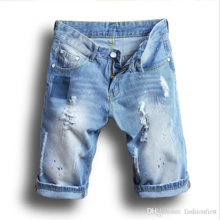 

exclusively mens Korean broken hole slim pant jeans horse pants summer denim shorts biker jean, Light blue